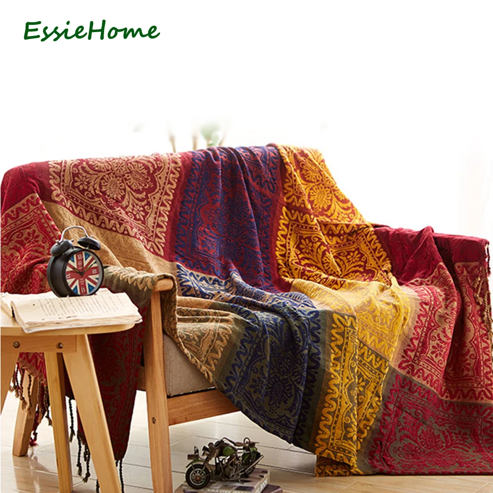 

ESSIE HOME Sofa Blanket Chenille Red Blue Yellow Bohemia Blanket For Sofa Living Room Bedroom Rug Yarn Dyed Bedspread Tapestry