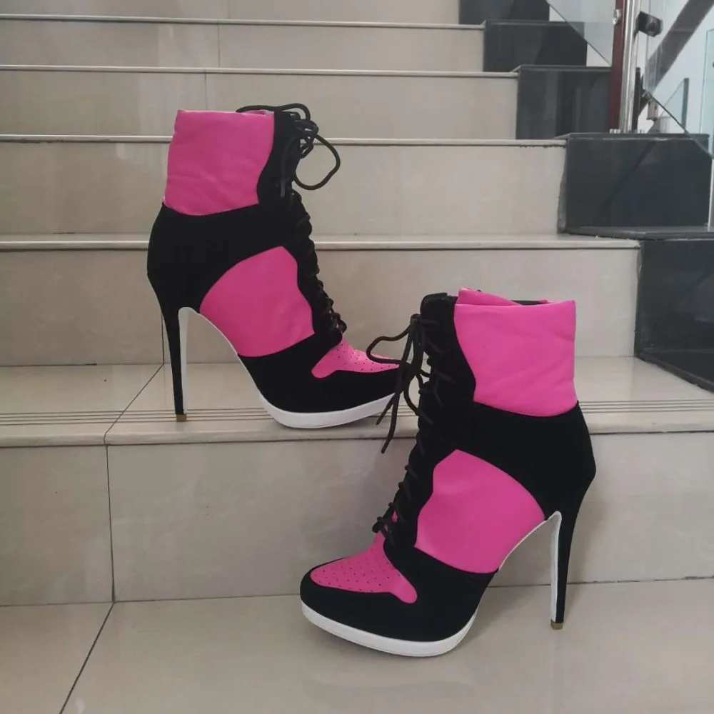 Sexy Women Rose Color Leather Patchwork Ankle Boots perforation toe Lace up High Heels Short Boots Girl's Night Club Botine