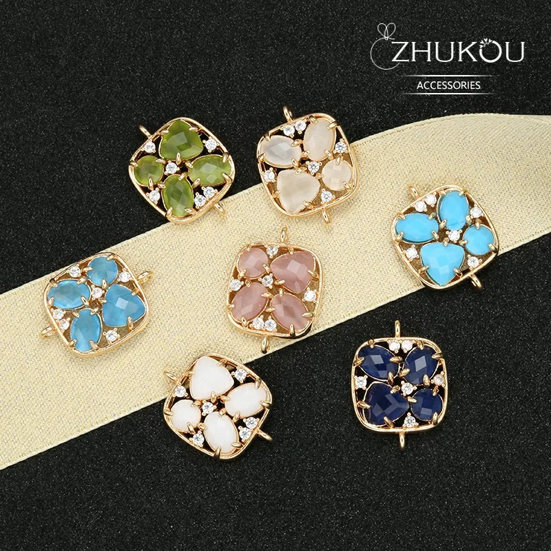 ZHUKOU 15x20mm Brass Cubic Zirconia square Crystal Connectors for Necklace Handmade jewelry making findings model:VS336