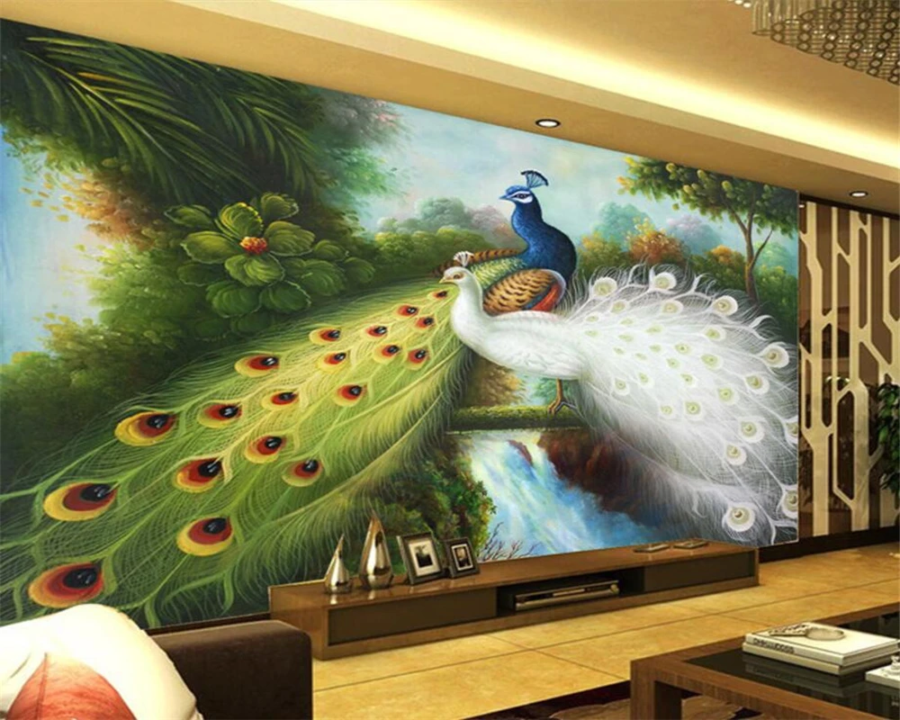 

Beibehang Custom Wallpaper Living Room Bedroom Mural Tide Handmade Sketch Couple Peacock TV Background Wall mural 3d wallpaper