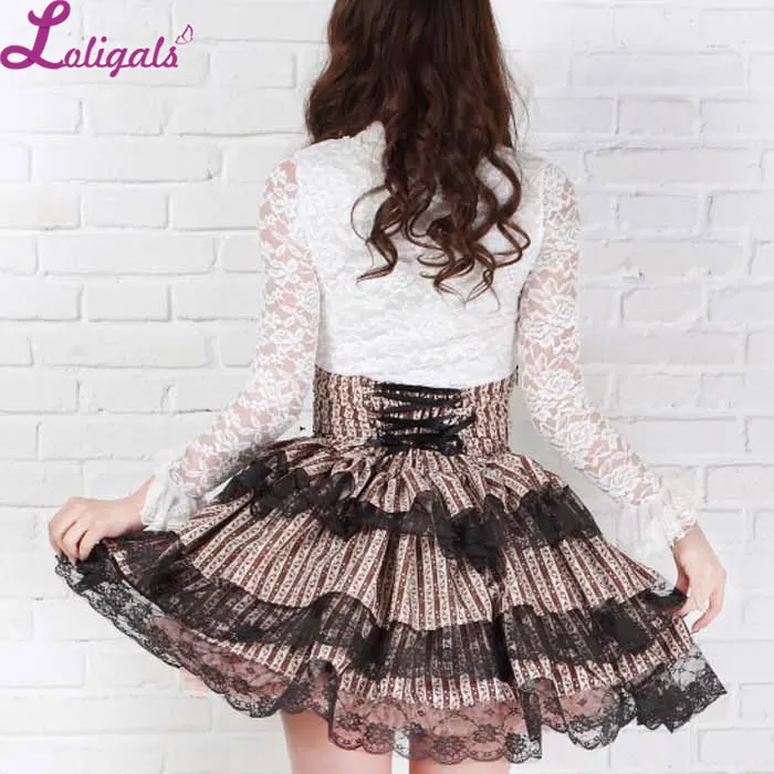 Sweet Layered Princess Striped Short Kawaii Pleated Lolita Skirt for Girl with Lace up Back