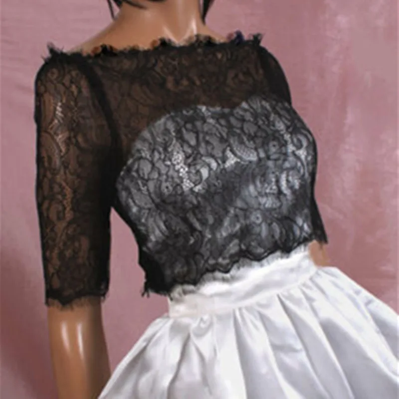 Sexy Nieuwe Half Mouwen Zachte Kant Applicaties Wedding Bolero Cap Jassen Sheer Bridal Zwart Ivoor Wit Custom Made Jacket