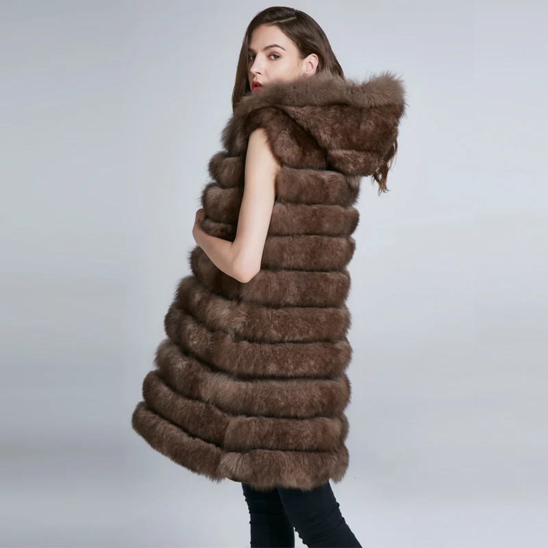 Women's Coat Winter Fur Collar Natural Fur Fox Coat Can Change Length Long Leather Coat Hat 2024 New Stripe Fashion