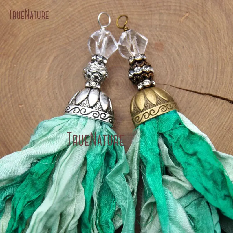 New Design Green Color Fresh Tassel Sari Silk Pendants Bronze Silver Tassel Cap With Crystal Beads Accent In 6.8 inch PM10553