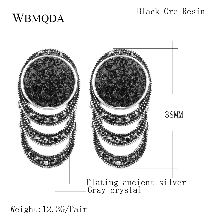 Hot 2018 Fashion Black Crystal Stone Big Earrings For Women Vintage Silver Plated Engagement Earrings Bohemian Jewelry Gift