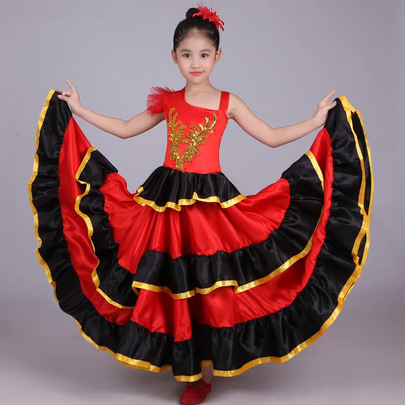 Satin Soft Red Black Teenager Girls Spanish Flamenco Skirt Striped Bling Ballroom Stage Wear Performance Dress