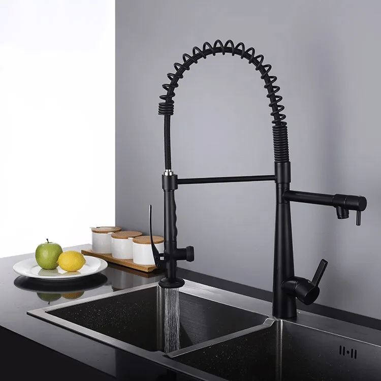 580mm High Matte Black All brass Multi-function kitchen faucet pull down Spring Mixer faucet with double mode spray double spout