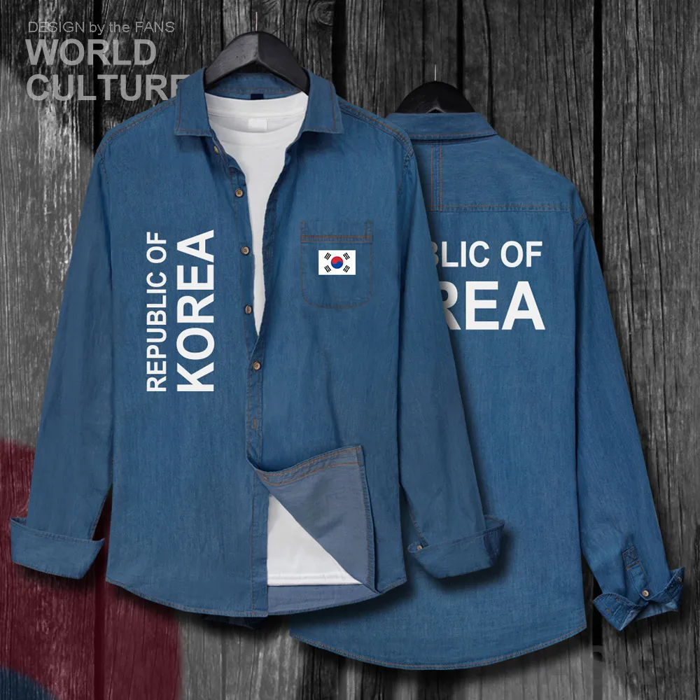 Republic of Korea South KOR Korean KR Daehan Minguk Men Clothes Autumn Cotton Flag Turn-down Jeans Shirt Long Sleeve Cowboy Coat