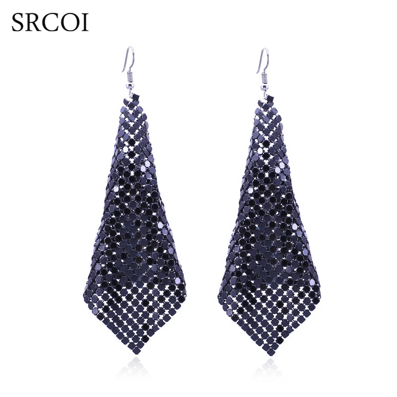 SRCOI Shine Sequins Tassel Earrings Drop Exaggerated Colorful Geometric Metal Sequins Square Mesh Dangling Pendant Earrings