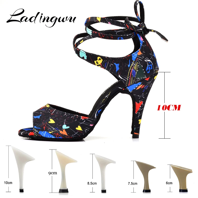 Ladingwu New Modern Floral Satin Salsa Dance Shoes Woman Girls Simple Style Latin Dance Shoes Soft Bottom Ballroom Dance Shoes