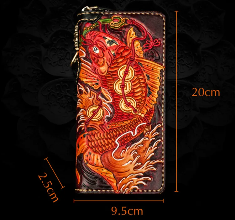 Handmade Genuine Leather Wallets Chinese Carving Carp Bag Purses Women Men Clutch Vegetable Tanned Leather Wallet Christmas Gif