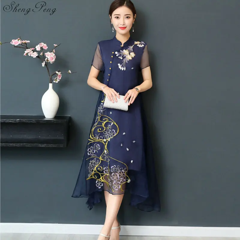 New Qipao Long Cheongsams Dress Chinese Traditional Dress Summer Flowers Vintage Dress Oriental Robes V922