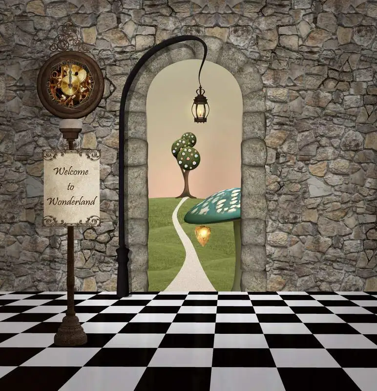 Welcome to Alice Wonderland Stone House light Mushsroom Checkers tree Background Vinyl cloth Spray Painted wall backdrop