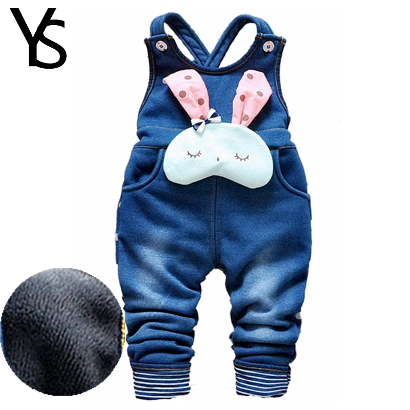 

12M-4Years Baby Winter Overalls Fake Jeans Girls Warm Plus Velvet Overalls Toddler Winter Warm Pants Baby Clothes