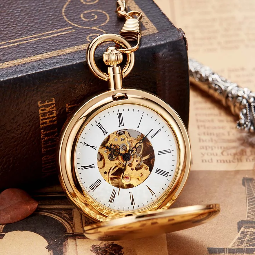 Luxury Gold Mechanical Pocket Watch Men Women Clock Skeleton Gear Dial Flip Golden Color Double Case Copper FOB Chain Watches