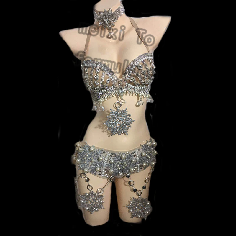 Silver sexy snowflakes dancing in the bikini rhinestone pearl bar nightclub concert singer's costume