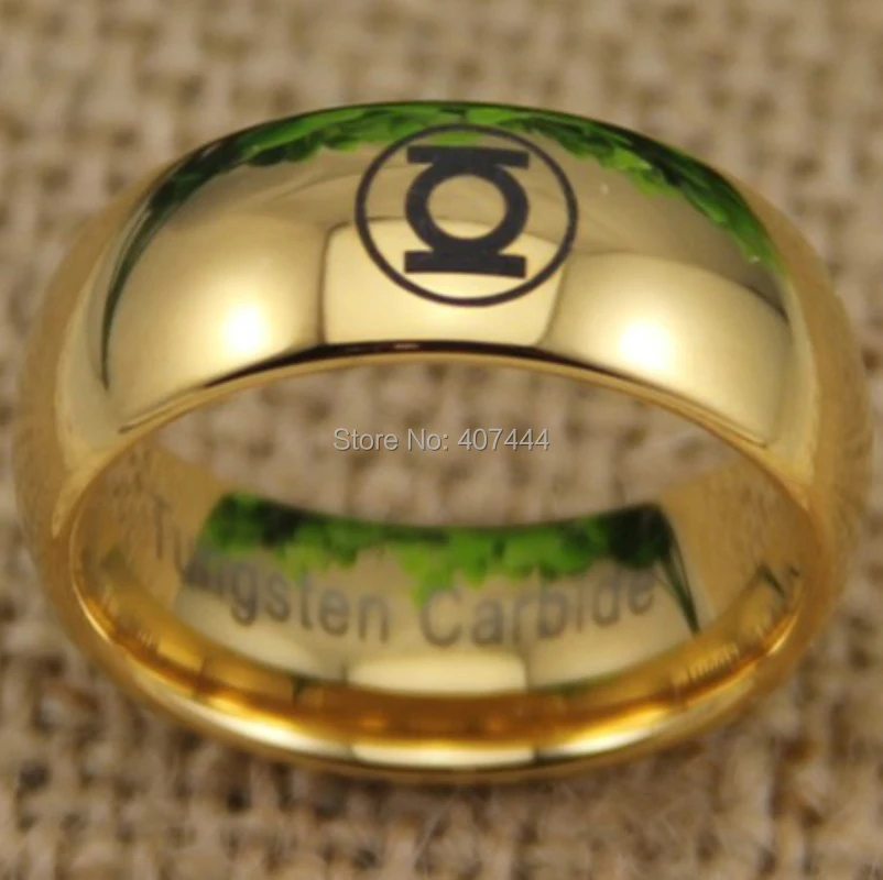 Free Shipping YGK JEWELRY Hot Sales 8MM Shiny Golden Dome The New GREEN LANTERN New Men\'s Tungsten Wedding Ring