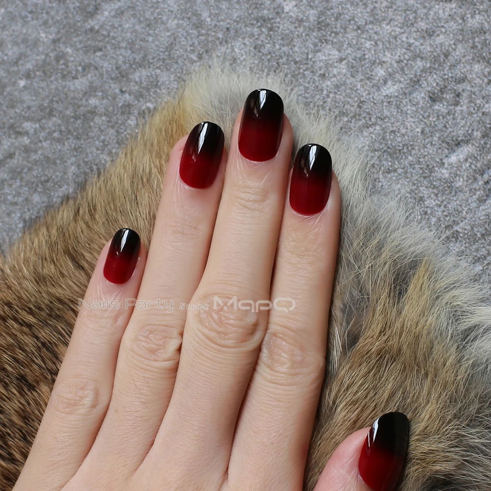 Oval Fake nails Red and black Ombre Gothic Medium shape Vampire color Glossy Press on nails