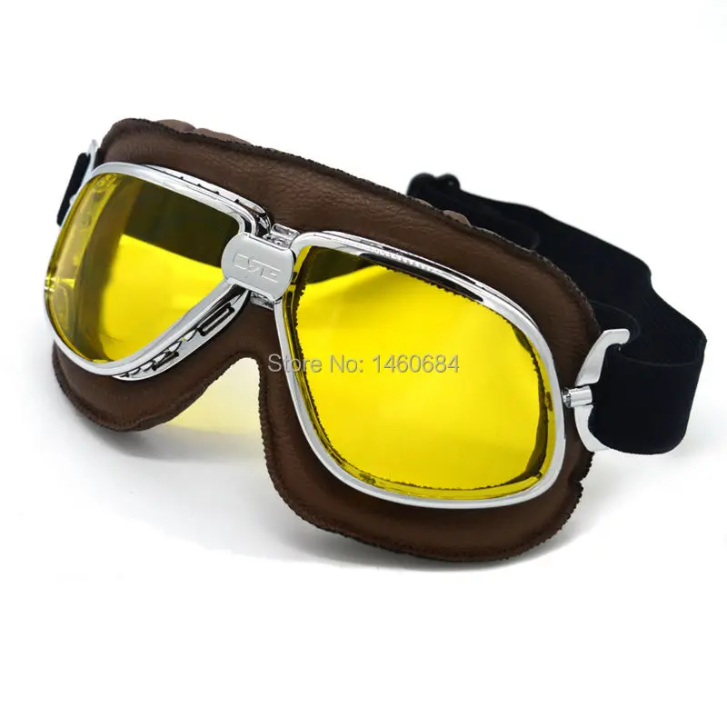 Evomosa WWII Vintage Style Motorcycle Goggles Motocross Cycling Glasses Brown PU Leather Retro Jet Helmet Eyewear