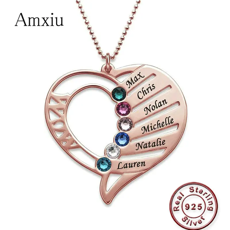 Amxiu Customize 925 Sterling Silver Necklace Engrave Six Names with Birthstones Heart Pendant Team Friends Family Surprise Gifts