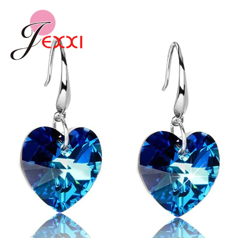 Nice Quality One Pair Fashion Woman 925 Sterling Silver Ocean Heart Crystal Elegent Crystal Hook Earrings Jewelry