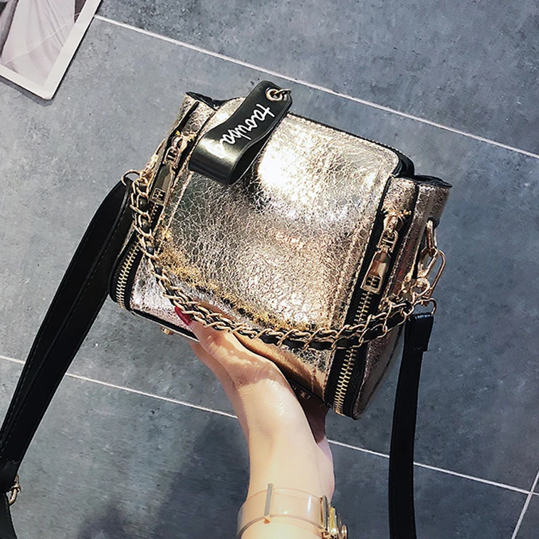 Fashion Small Sequin Glossy Bucket Bags Ladies Luxury Chains Shoulder Bags Leather Handbags For Women Letter Crossbody Bags 2019