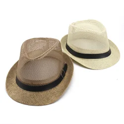 Summer Men Women Jazz Gangster Cap Fedora Hat Trilby Straw Panama Hat Outdoor Beach Sun Mesh hat Breathable Adults British Style