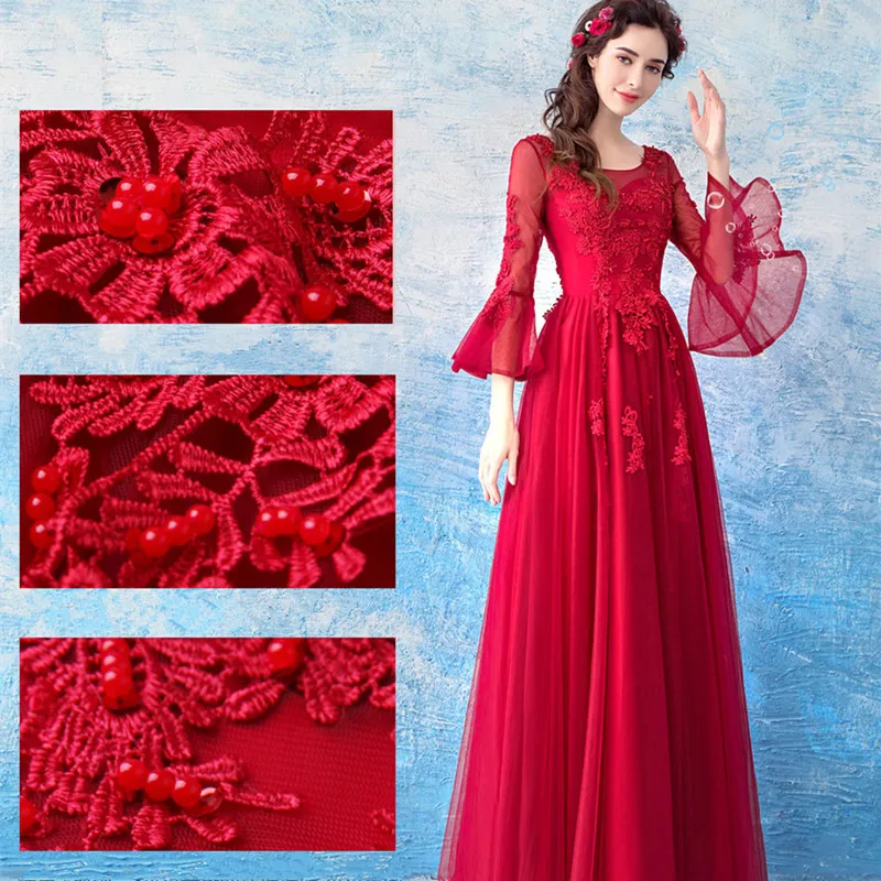 Rot Elegante Rundhals Volle Glocke Hülse Lange Abend Party Kleid Tüll Appliques Open Back Spitze Perlen Geraffte Kleid Für hochzeit