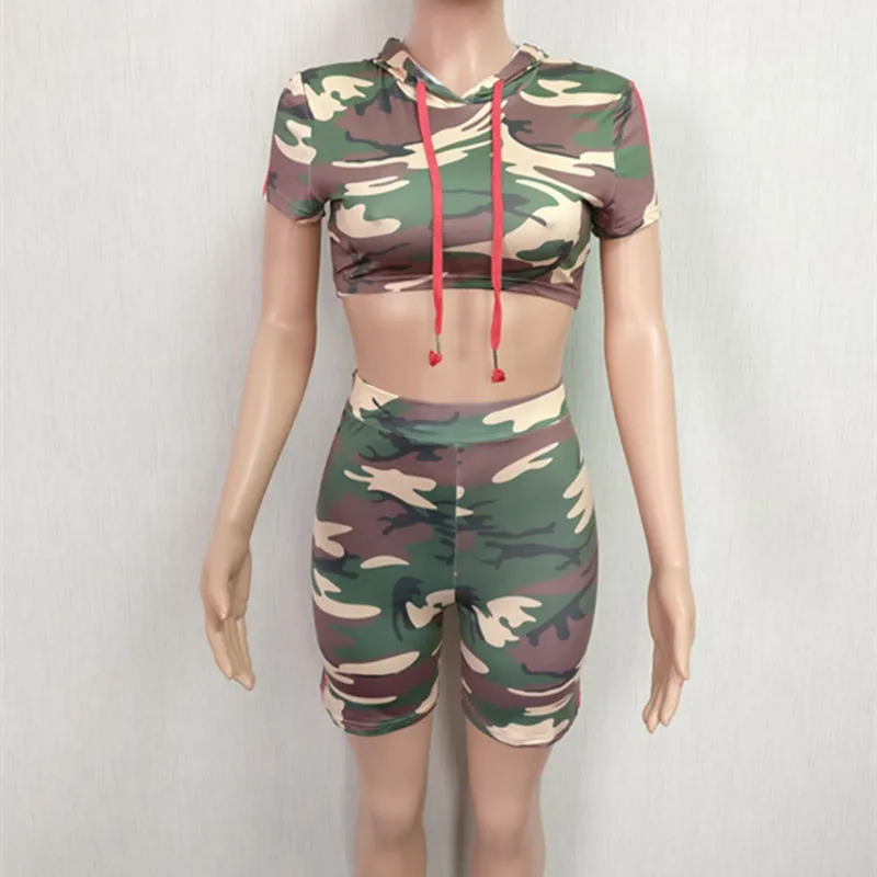 Casual Tracksuit Women Camouflage Two Piece Set Crop Top and Short Sets Camo Print Hoodies Sweatshirts Outfits 2 pcs 2018 New