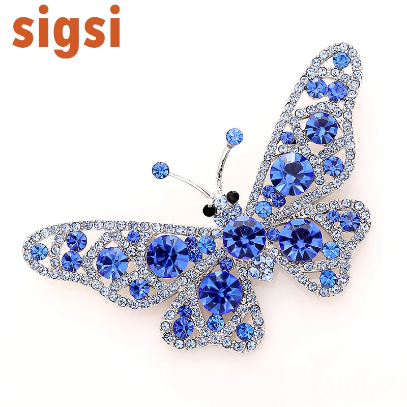 

DHL free shipping 100pcs a lot 1.75H x 2 .75W inche Wedding Bridal Vintage Blue Rhinestone Butterfly Silver plated Brooch Pin