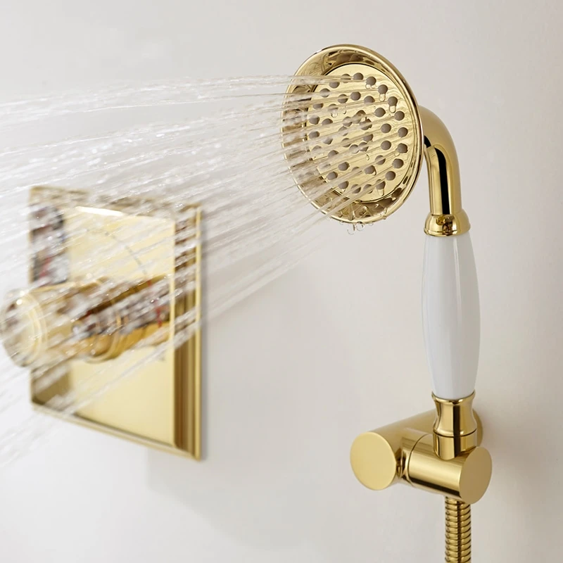 Gold Solid brass bathroom wall mounted shower faucet square golden Cold and hot water mixing valve shower set