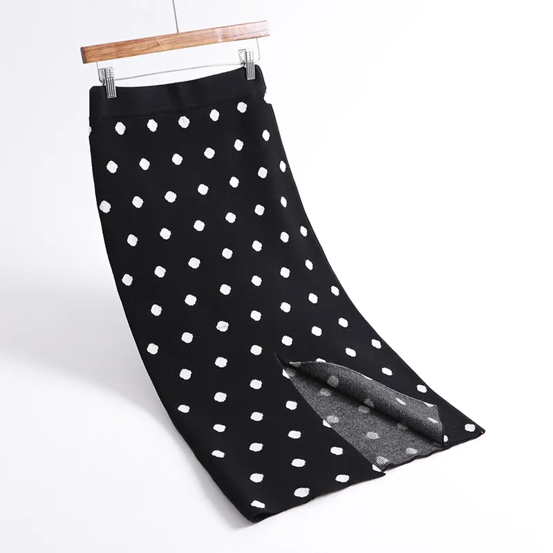 2024 Autumn Women Skirts High Waist Knitting Women Bodycon Long Skirt Faldas Jupe Femme Saia Dots Print Women Sexy Pencil Skirt