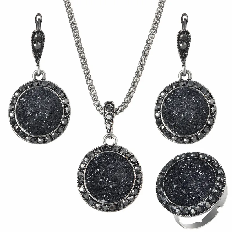 Vintage Wedding Jewelry Sets Black Stone Resin Necklace Set Ring Earrings For Women Fashion Crystal Jewellery Bridal Gift