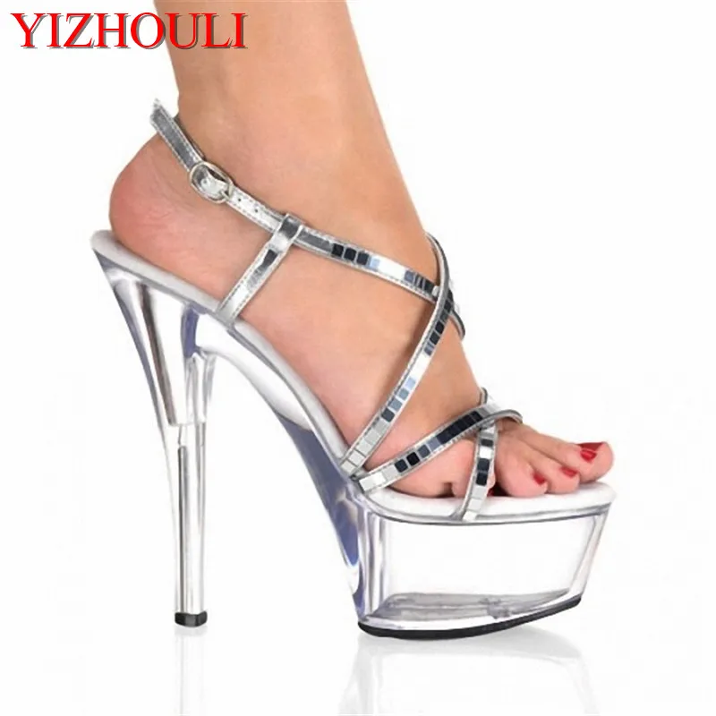 15cm ultra high heels platform noble paillette sandals Silver Mirror and Clear 6 Inch High Heel Mid Platform Strappy Sandals