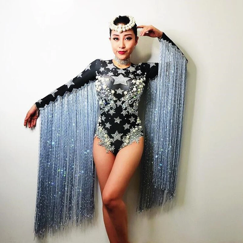 Crystals Pearl Stars Pattern Leotard Sexy Bodysuit White Singer Fringe Crystals tassel Jazz Dj Costume Rhinestone Dancer wear