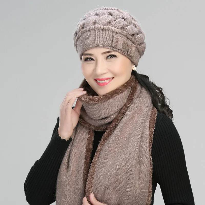 Mid-aged and Old Hat Mother Autumn Winter Warm Casual Cap Women Knitted Wool Grandmothers Caps Outdoor Soft Fashion Scarf H7150