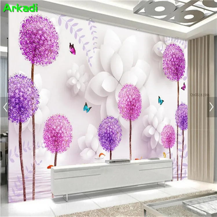 

3D flower purple dandelion water reflection bedroom living room minimalist TV background wall home decor wallpaper