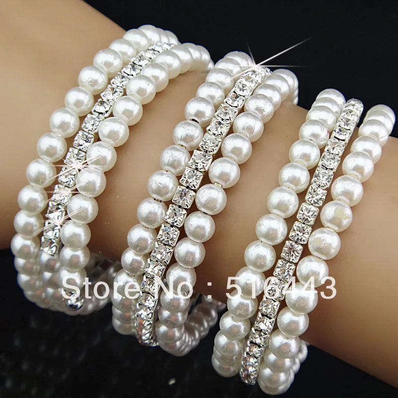 

Charms 12pcs 3rows Clear Czech Rhinestones Pearl Stretchy WomenBangles Bracelets Wholesale Fashion Jewelry A-686