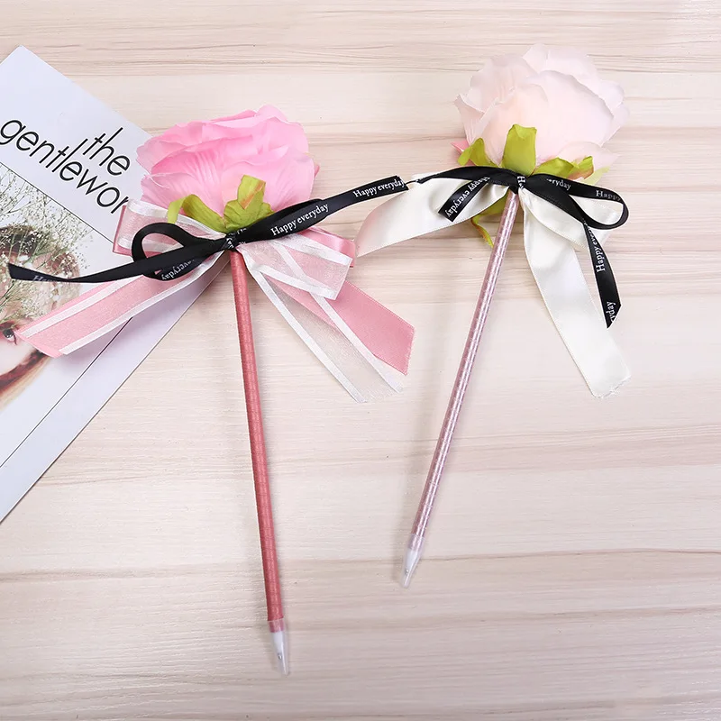 Stylo à bille avec nœud fleur rose de simulation créative, stylos à bille du jour de Léon, stylo d'écriture, cadeau de mariage, fournitures de bureau, 1 pièce