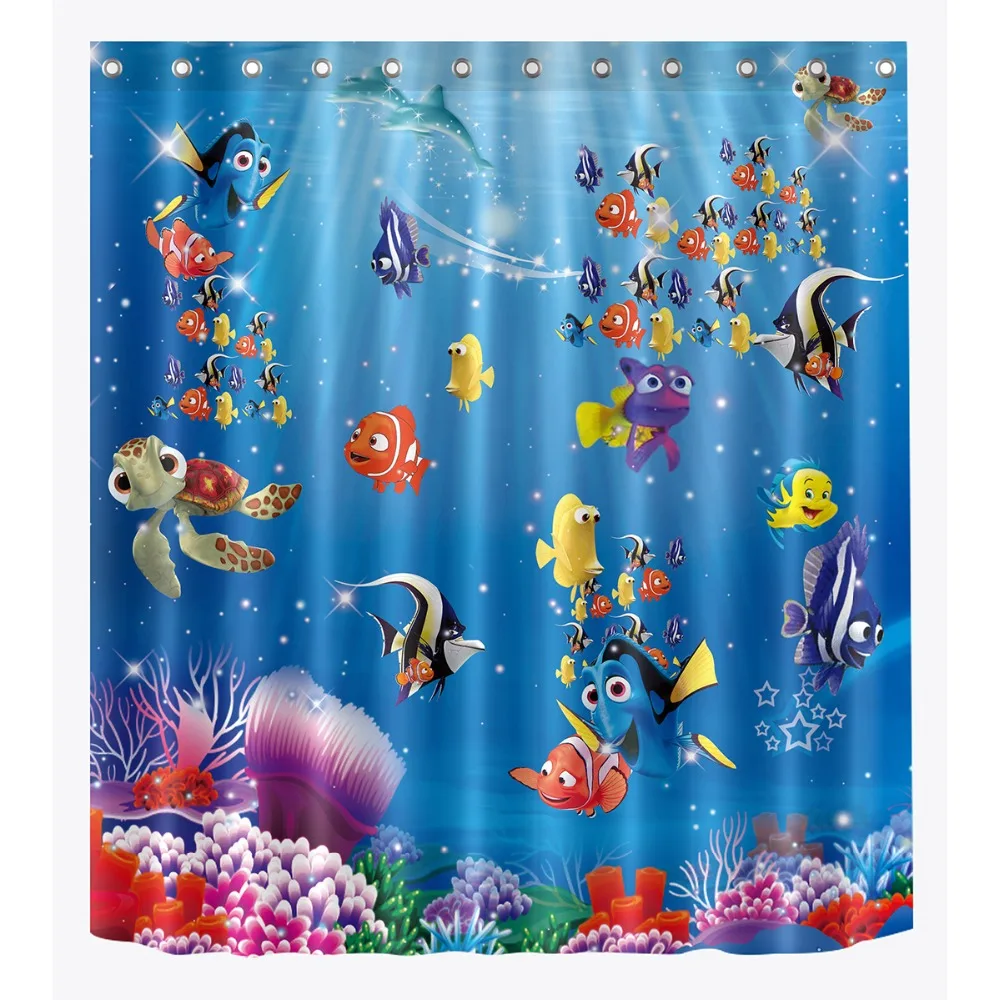 Funny Cartoon Undersea Fish Shower Curtain Ocean And Sea Bathroom Waterproof Extra Long Polyester Fabric For Kids Bathtub Decor