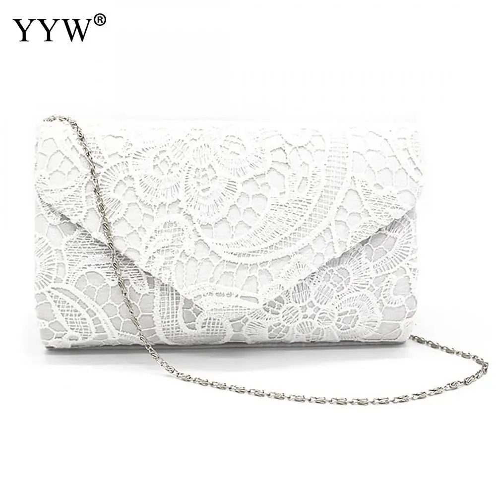 New Elegant Envelope Clutch Fashion Lace Floral Embroidery Evening Party Bag With Chain Shoulder Bag White Luxury Purse Bolsas