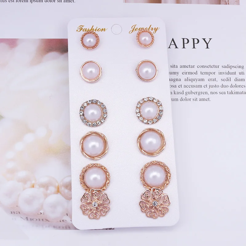 9 pairs/set Stud Earrings Sets For Women Retro Ear Jewelry Simulated Pearls Crystal Hollow Flower Fashion OL Brincos Promotion