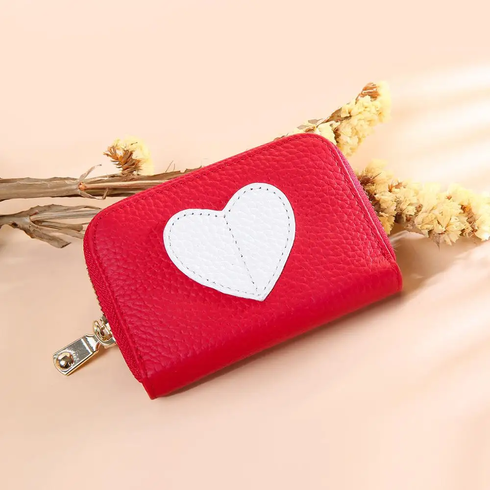 Zency Mini Short Wallet For Women Genuine Leather Heart Shape Decoration Daily Casual Coin Pocket Purse Card Holders Black Red