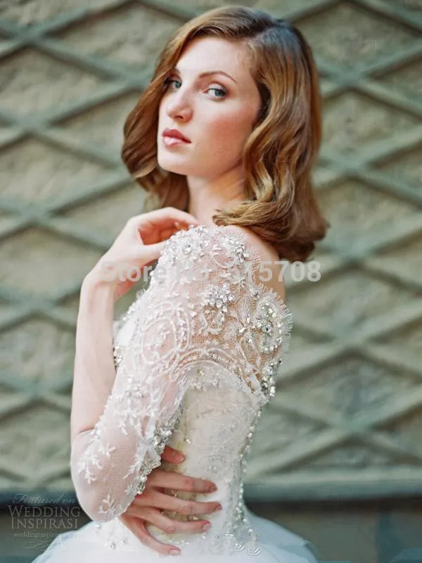 Vestido de novia elegante con cuello de encaje, manga larga hasta el suelo, tul blanco, hecho a medida