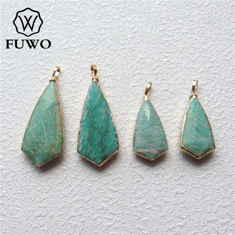 FUWO Wholesale Small Size Amazonite Stone Pendant,Golden Plated Edge Green Stone Facted Pendant For Women Jewelry Make 5Pc PD183