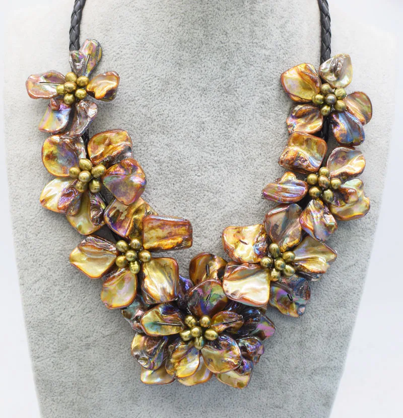 WOW!   brown rice and shell flowers necklace 48cm  nature hand make wholesale FPPJ