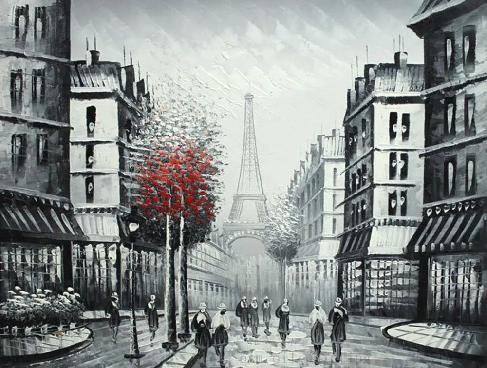 

Super Skills Artist Hand-painted Paris Streetscape Oil Painting On Canvas Fine Wall Art Black and White Oil Paintings Decoration