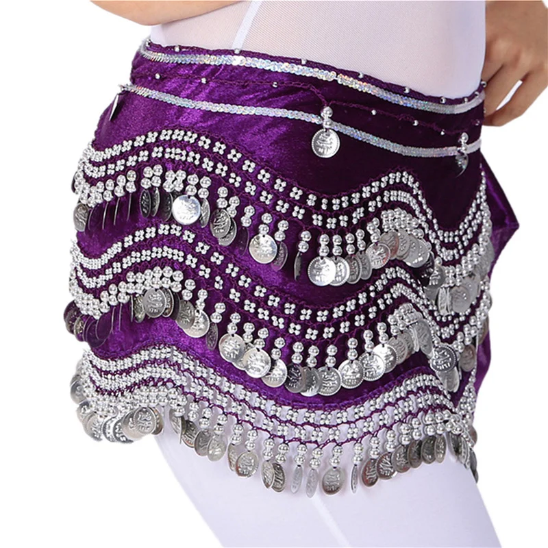 Silver/ Gold Coins Belly Dance Clothing Accessories Class Wear Hip Scarf 248 Coins Rectangle Belt Velvet Hips Scarf