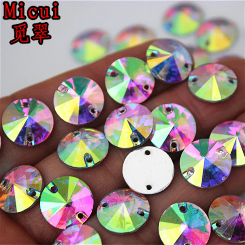 Micui 100pcs 12mm AB Color Round Resin Rhinestones Crystal Stones Flatback Sewing Rhinestones for Dress Garment DIY MC763