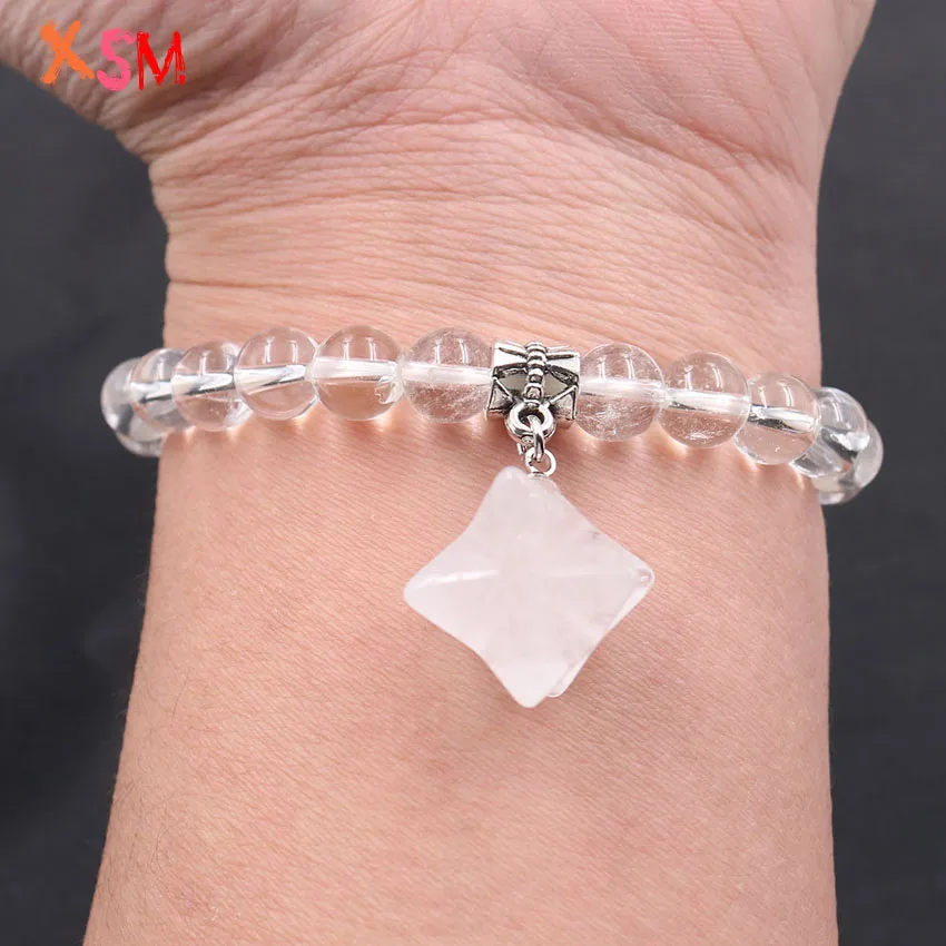 8mm Ronde Kralen Merkaba Armbanden Natuurlijke Amethisten Rock Crystal Elastische Armbanden Reiki Charms Handgemaakte Sieraden voor Vrouwen 1 Pcs